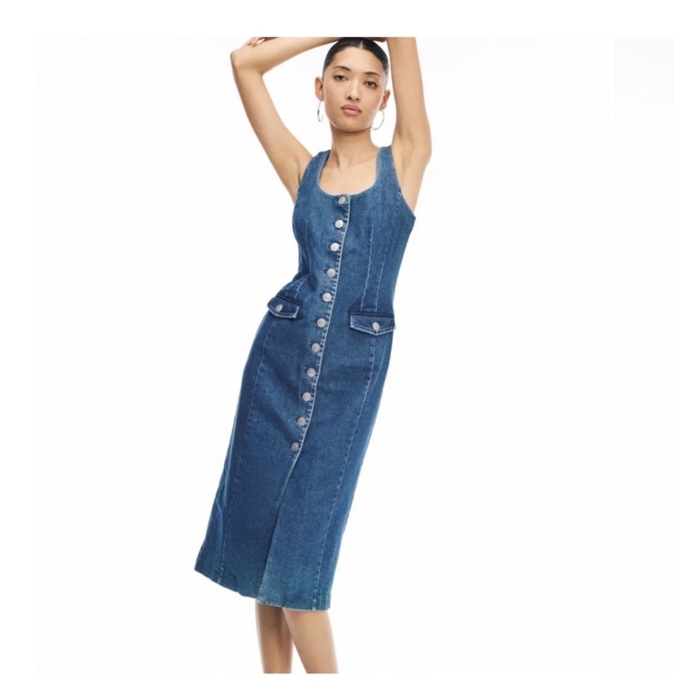 Toccin Raven Scoop Neck Button Front Denim‎ Midi Dress Dark Wash TF5409D079 SZ 8